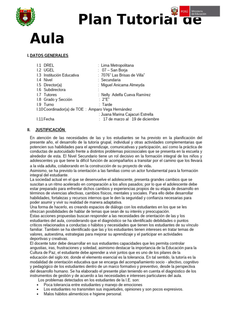 Plan de Tutoría para Secundaria 2025 | PDF | Aprendizaje | Salón de clases