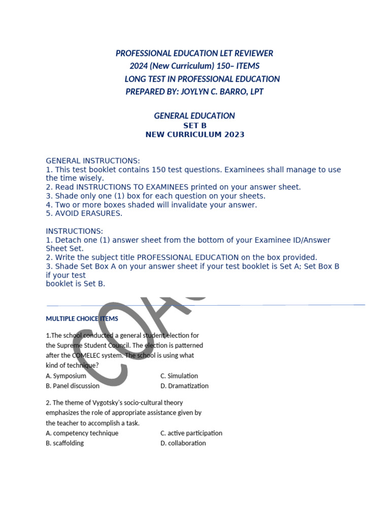 2024 Professional Education LET Reviewer | PDF | Learning | Teachers