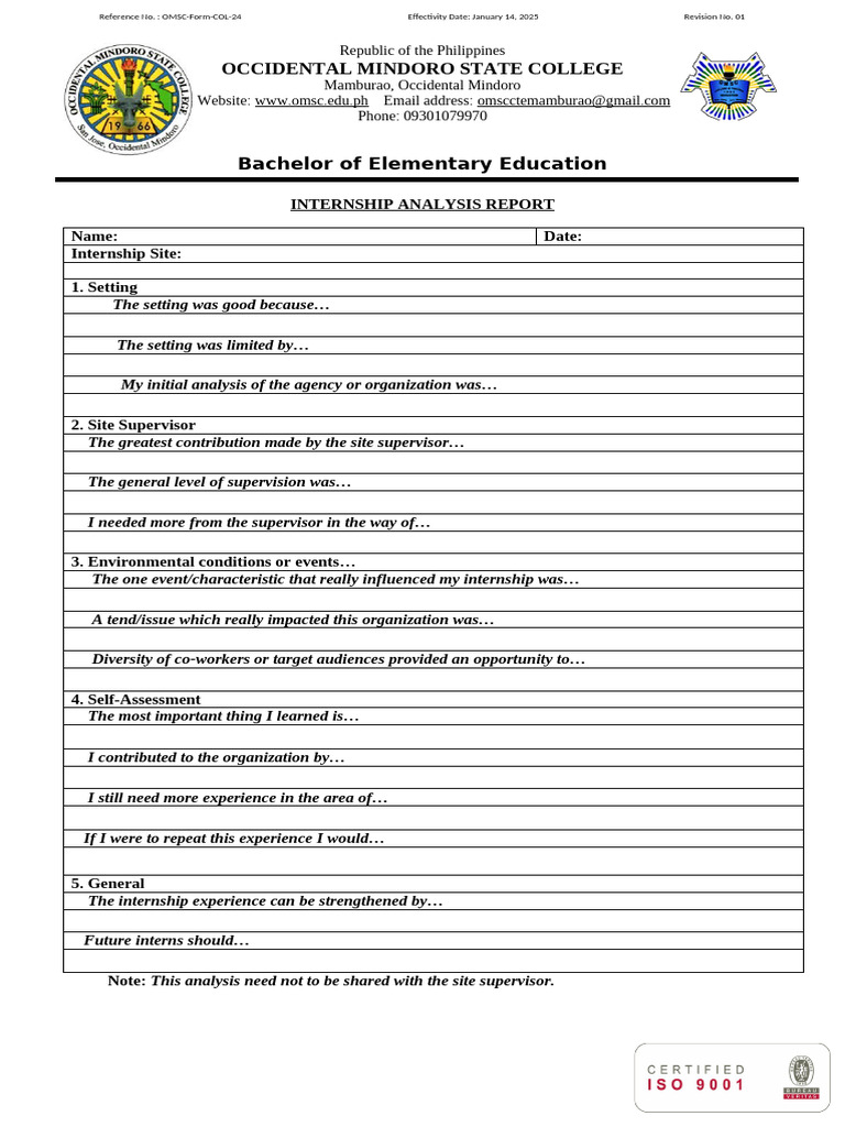 Internship Analysis Report Template | PDF