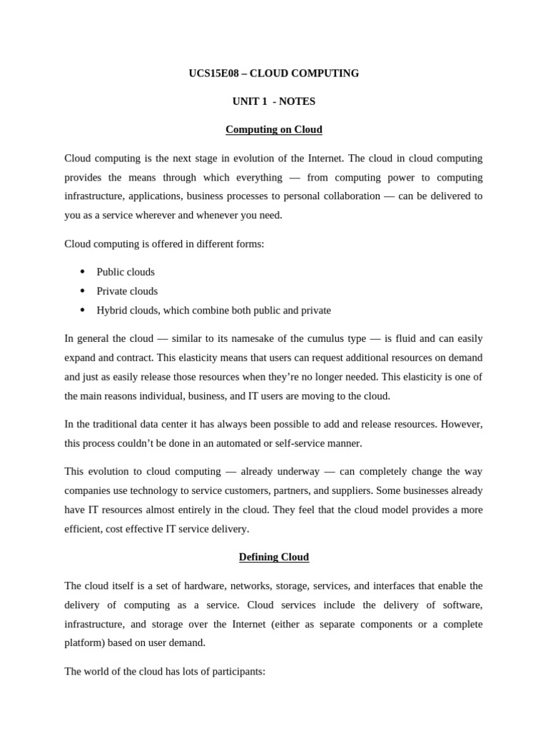 Ucs15e08 Cloud Computing Unit 1 Notes | PDF | Cloud Computing ...