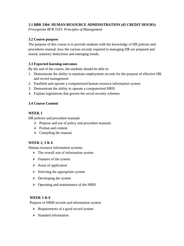 BBR 3304 Course Outline HUMAN RESOURCE ADMINISTRATION | PDF | Human ...
