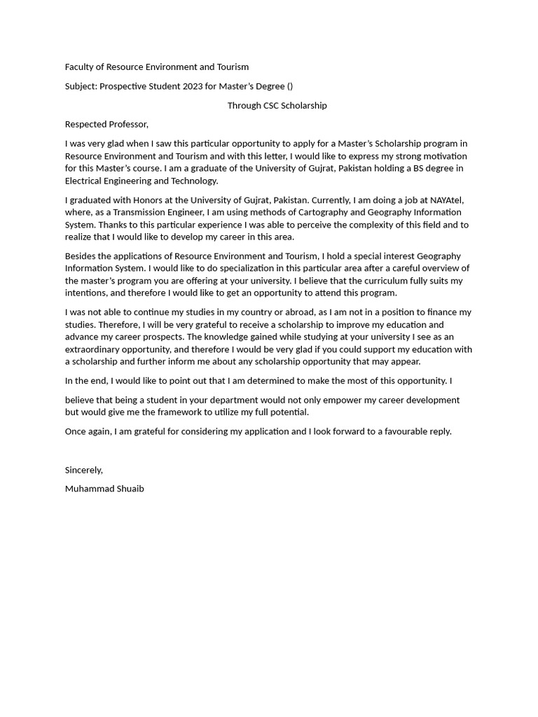 Study Plan for Master's Scholarship Application | PDF