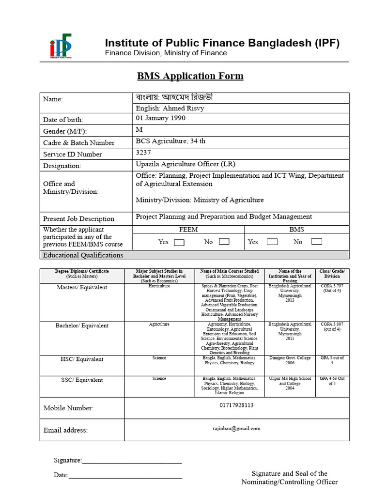 BMS Application Form for Agriculture Officer | PDF | Agriculture