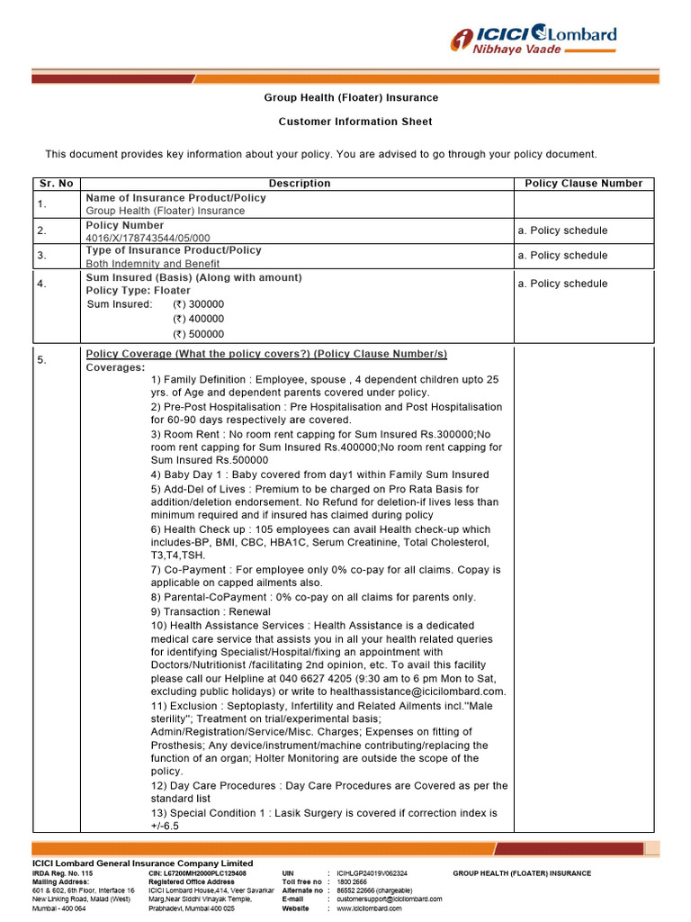 Group Health Floater Insurance Overview | PDF | Insurance | Hospital