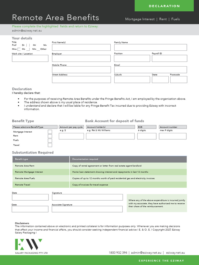 Eziway Remote Area Benefits Declaration | PDF | Mortgages | Expense