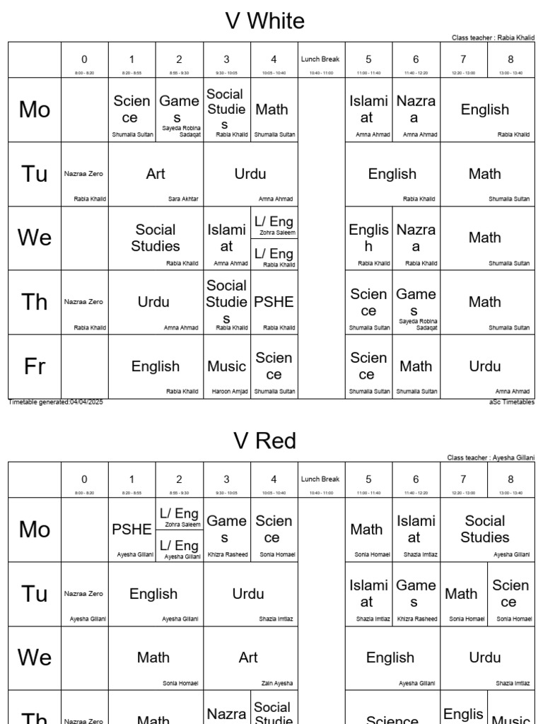 Ayesha Gillani's Class Timetable | PDF