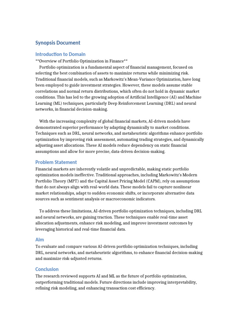 Portfolio Optimization Synopsis2 | PDF | Modern Portfolio Theory ...