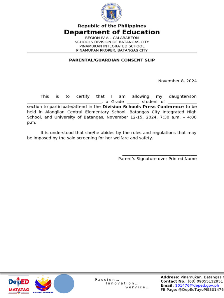 Parental Consent Slip for Press Conference | PDF