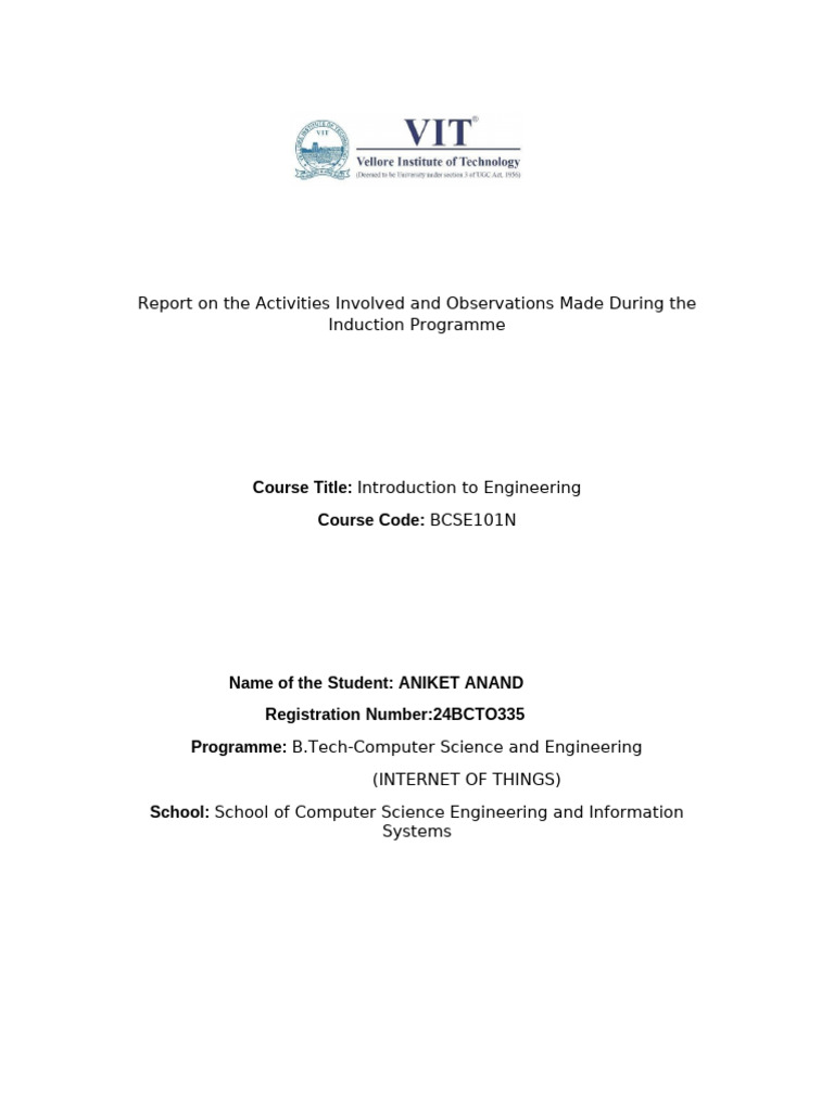 Induction Programme Report for BCSE101N | PDF | Engineering | Science
