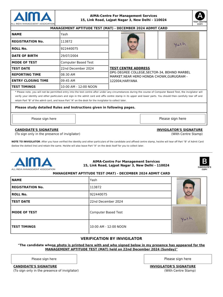 MAT December 2024 Admit Card Details | PDF | Identity Document