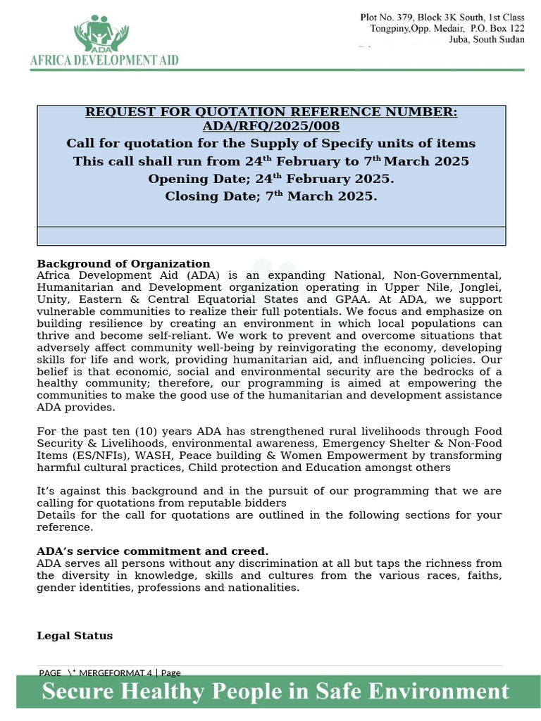 Ada Call For Quotation For The Supplies of Items For Peace Projects ...