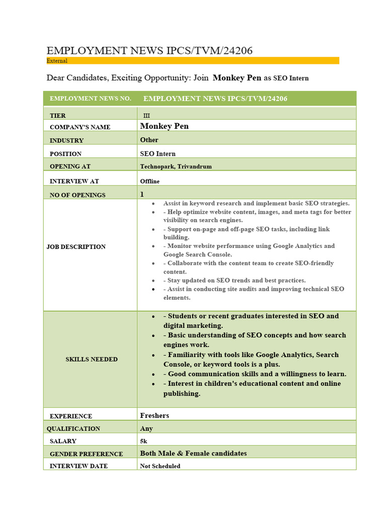 SEO Intern Position at Monkey Pen | PDF | Search Engine Optimization ...