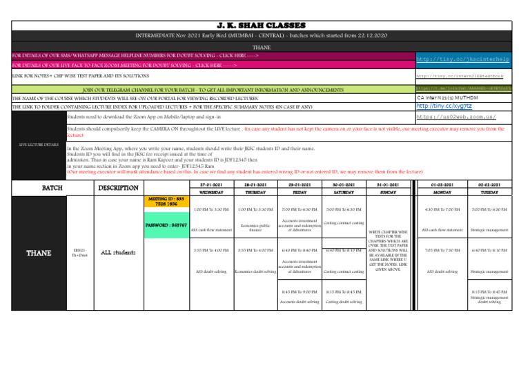 Zoom Lecture Schedule For Ca Inter N21 Pdf