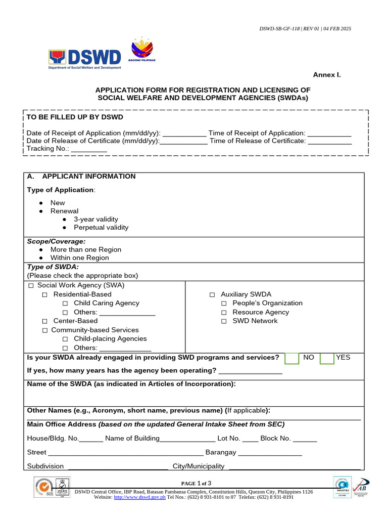 Annex I. DSWD SB GF 118 Application Form for Registration and Licensing ...