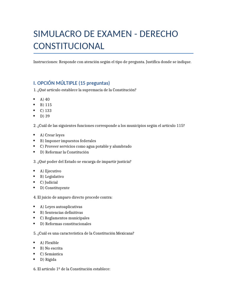 Simulacro de Examen: Derecho Constitucional | PDF | Constitución ...