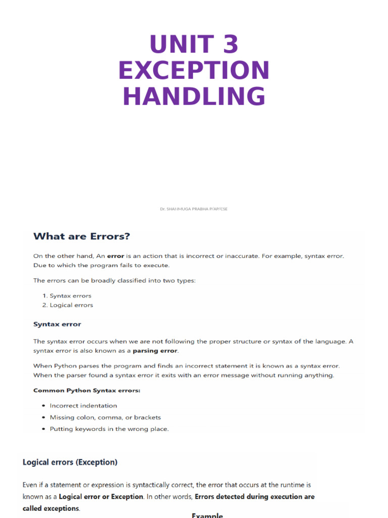 UNIT 3 Exception Handling PRABHA | PDF | Computer Programming | Computing