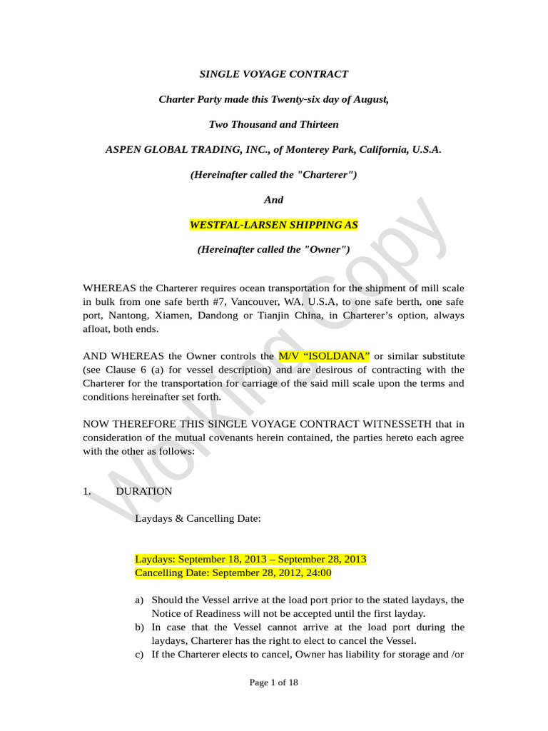Single Voyage Charter Contract for Mill Scale | PDF | Bill Of Lading ...