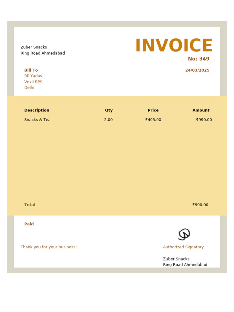 Zuber Snacks Invoice for RP Yadav | PDF