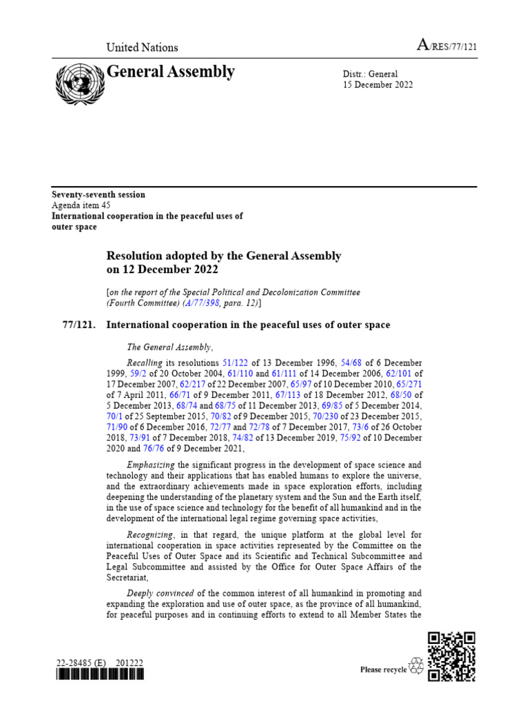 UN Resolution on Peaceful Space Cooperation | PDF | United Nations ...