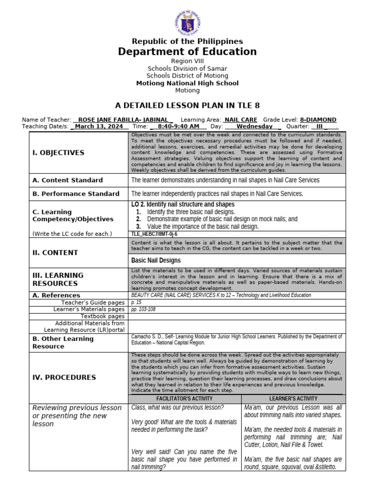 TLE 8 Detailed Lesson Plan: Nail Care | PDF | Nail (Anatomy) | Learning
