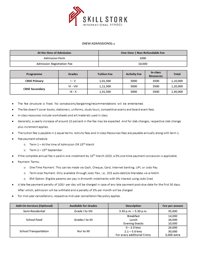 Skill Stork International School Fees | PDF | Fee | Payments