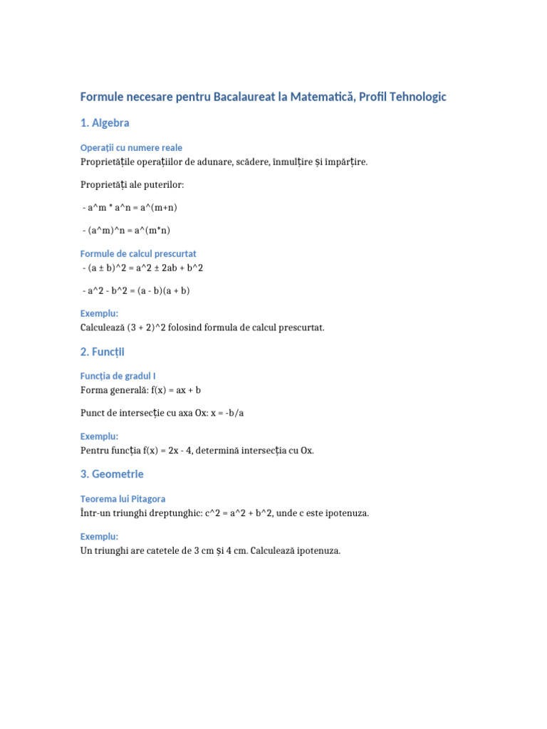 Formule Bac Matematica Tehnologic | PDF