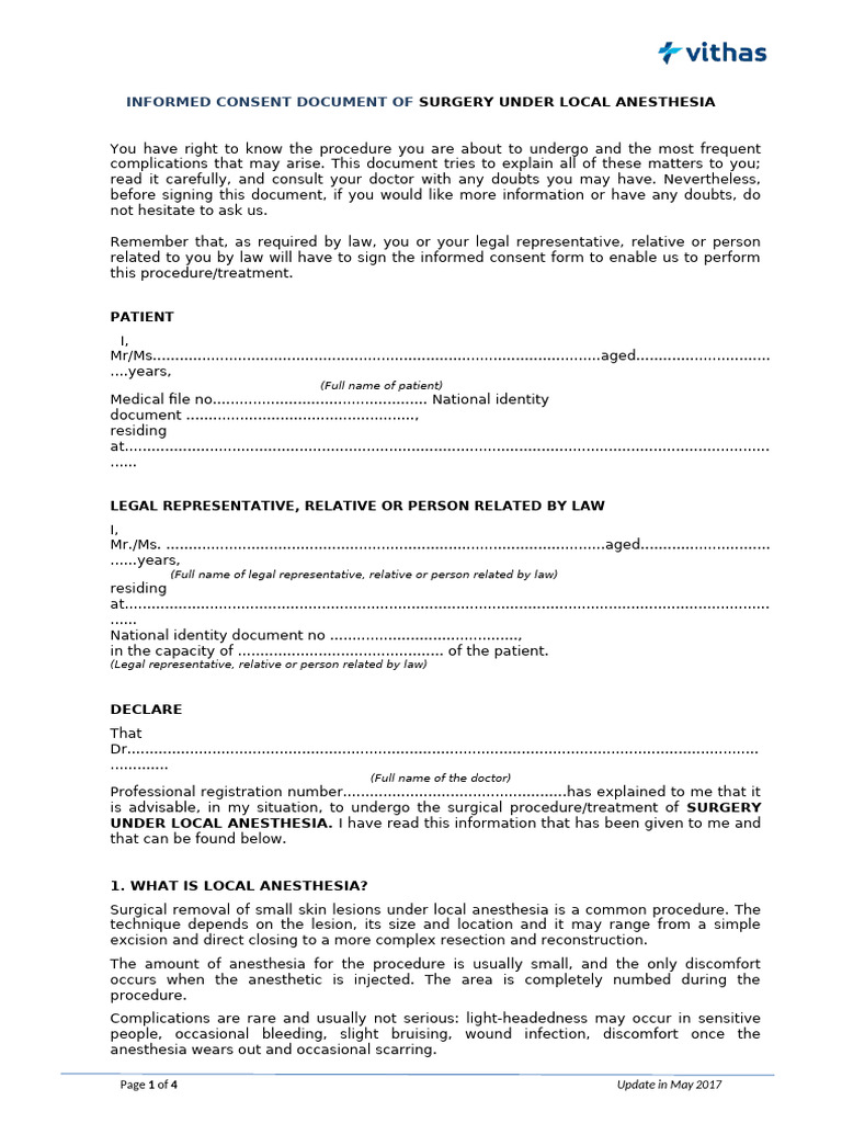 Informed Consent for Local Anesthesia Surgery | PDF | Surgery | Anesthesia