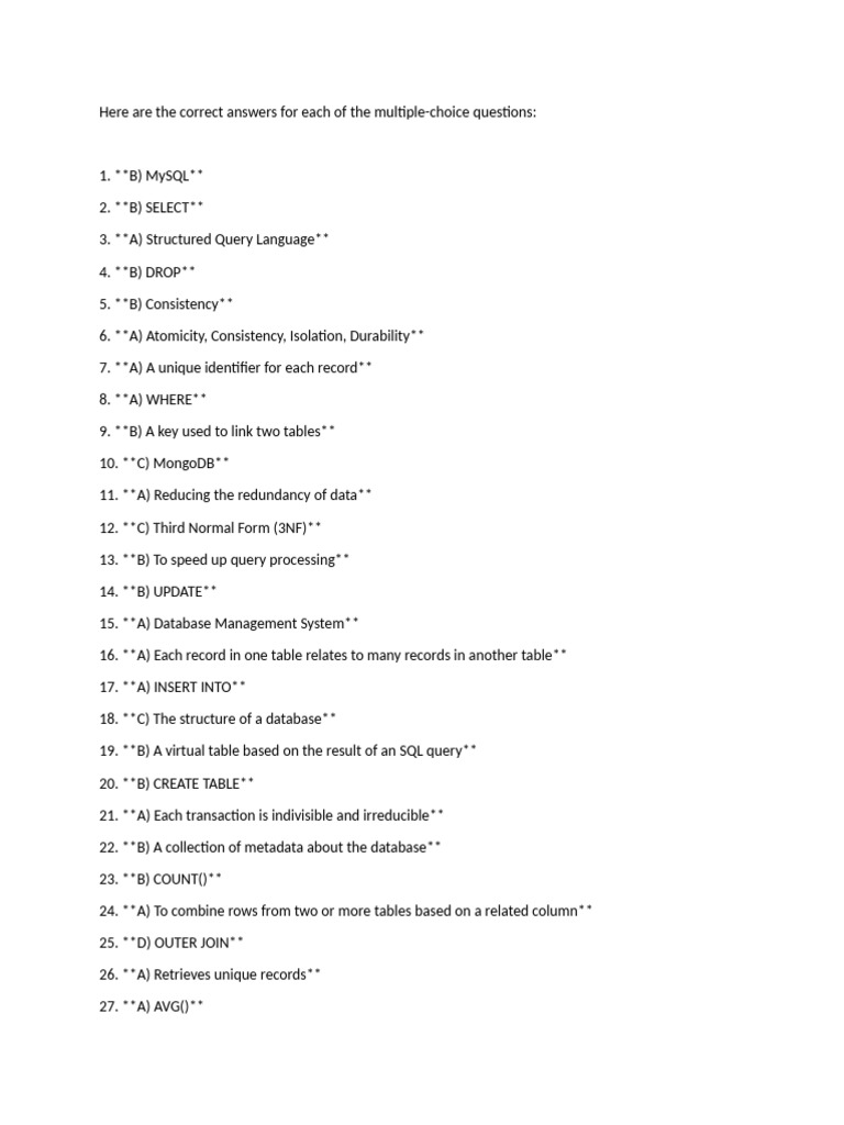 Database Management Quiz Answers | PDF | Databases | Table (Database)