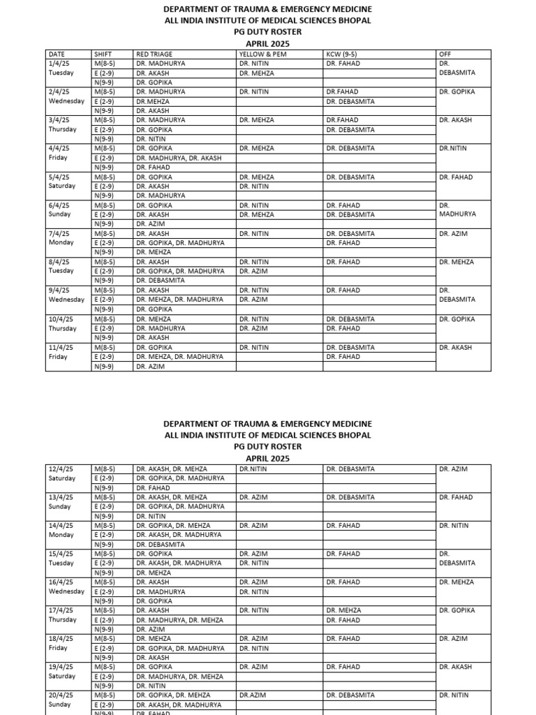 PG Duty Roster April-25 | PDF