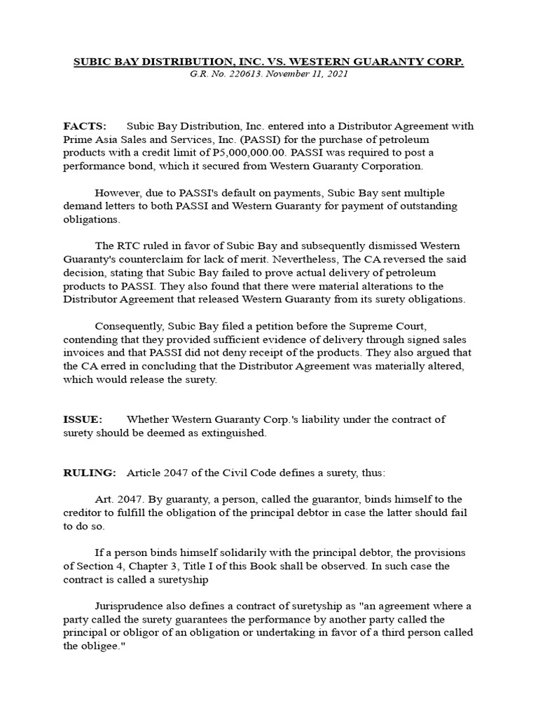 Subic Bay vs. Western Guaranty Corp. | PDF | Guarantee | Surety