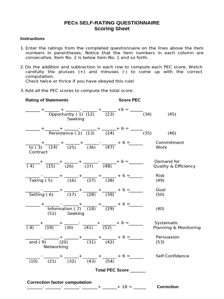 PECs Self-Rating Questionnaire Guide | PDF