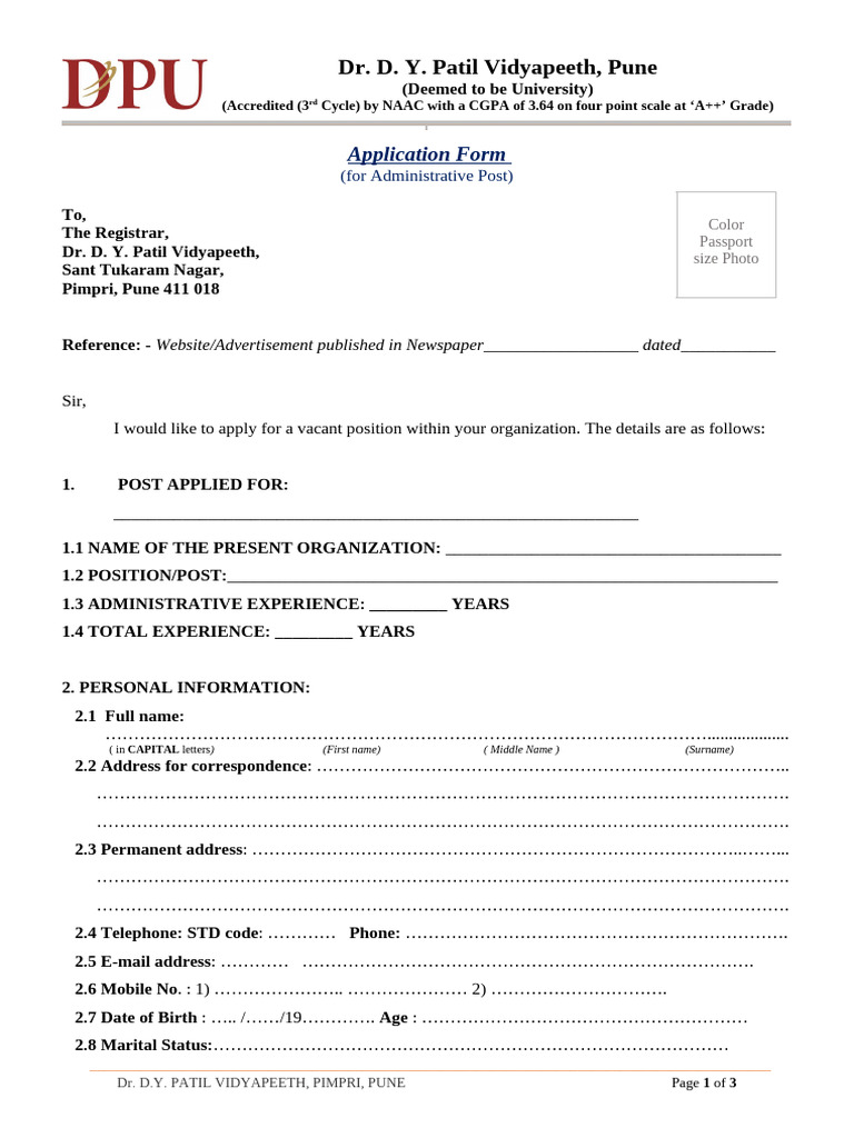 Application for Admin Post at D.Y. Patil University | PDF