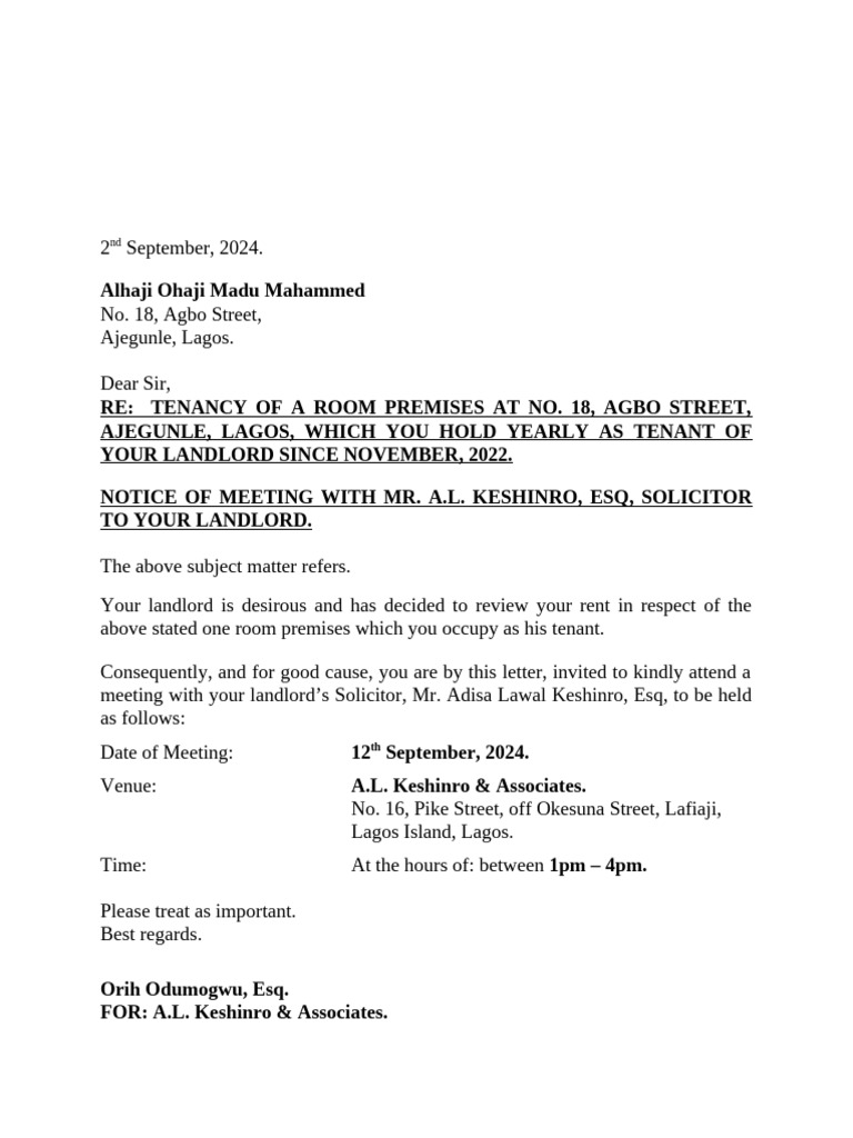 Notice of Rent Review Meeting in Lagos | PDF