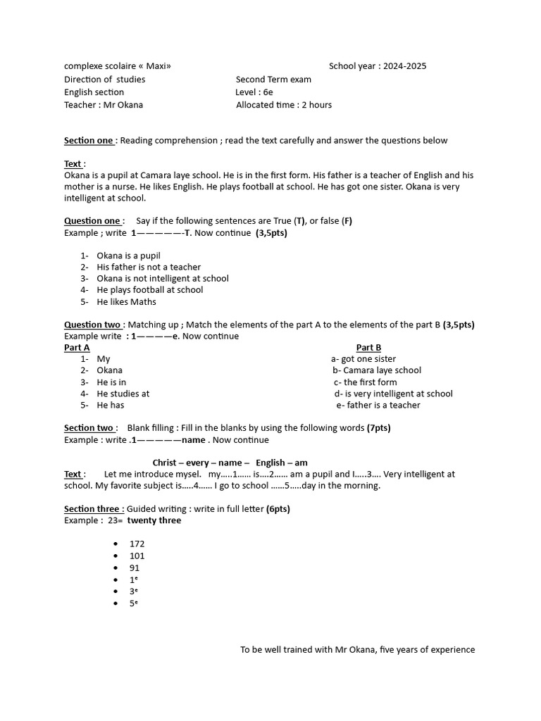 6th Grade English Exam 2024-2025 | PDF