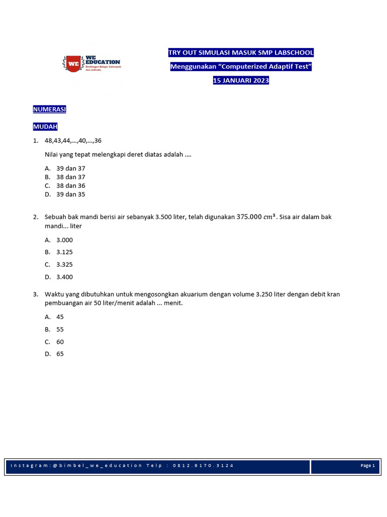 Soal Try Out Simulasi Masuk SMP | PDF