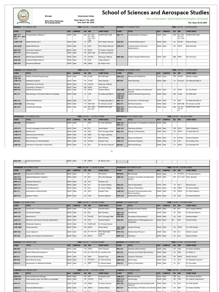 2025 End of Semester Exam Schedule | PDF