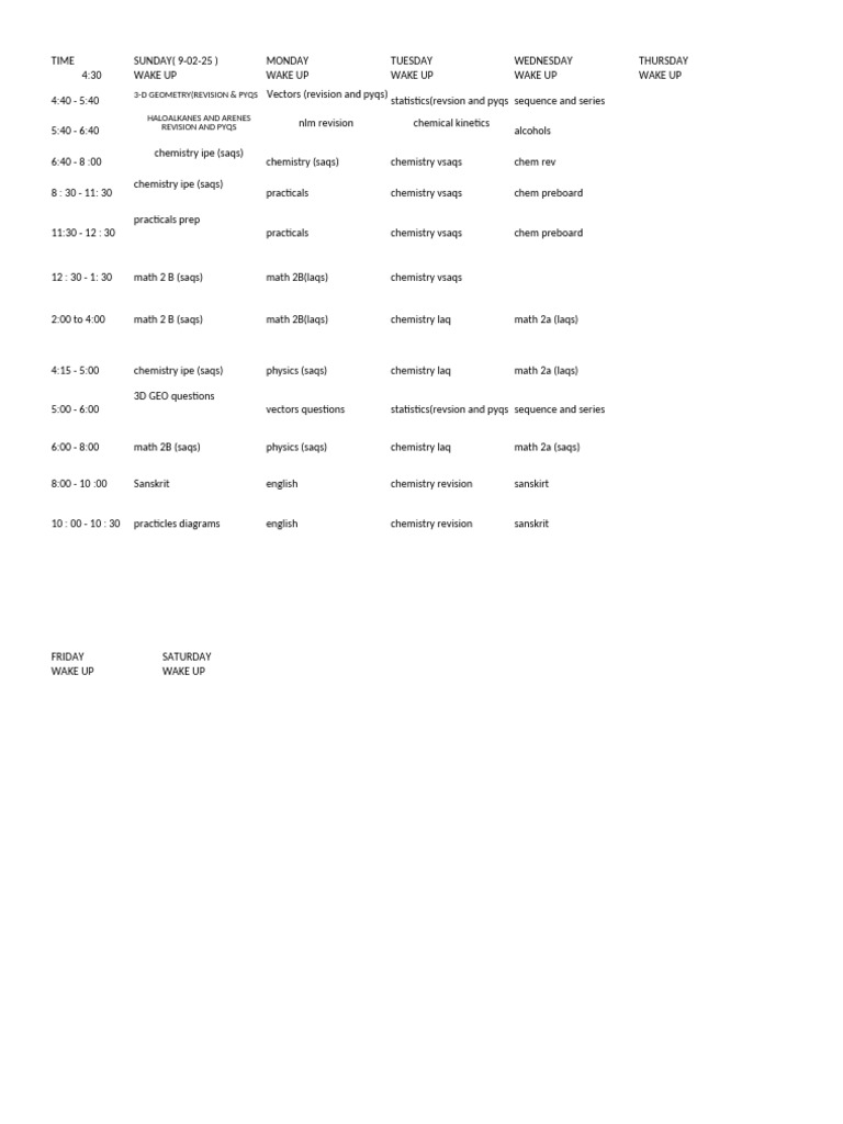 Weekly Study Schedule for Science Subjects | PDF