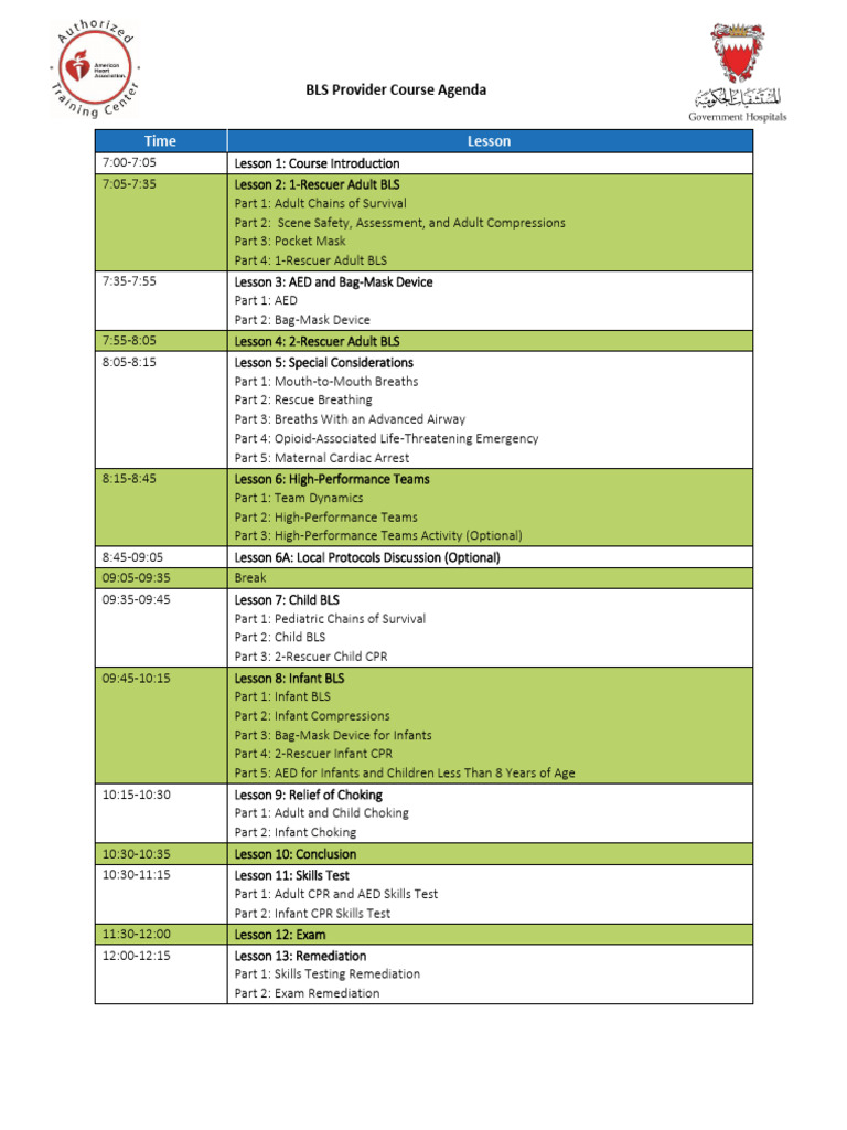 BLS Provider Course Agenda Overview | PDF | Cardiopulmonary ...