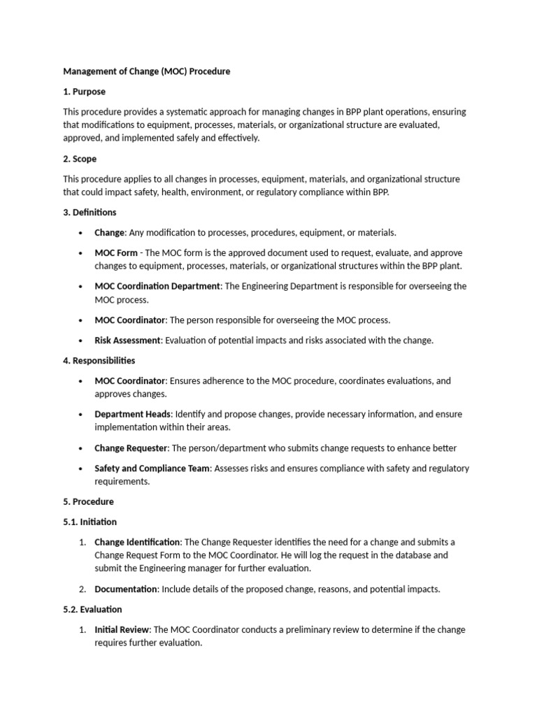 MOC Procedure for Safe Change Management | PDF | Regulatory Compliance ...