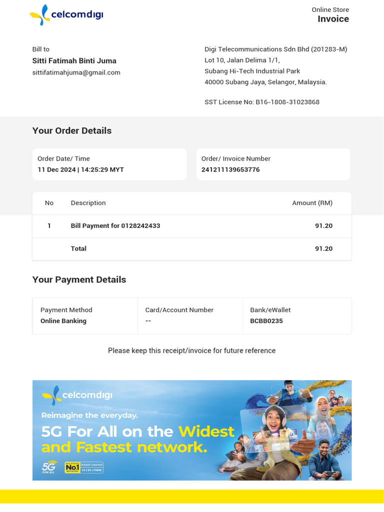 Digi Telecom Invoice for Order 241211139653776 | PDF