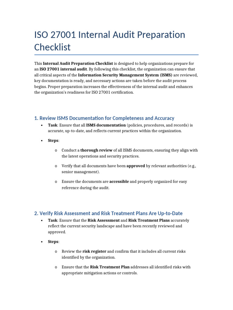 ISO 27001 Internal Audit Preparation Checklist | PDF | Information ...