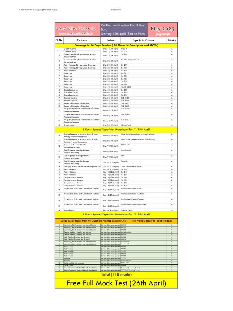 CA Final Audit Batch Schedule | PDF | Audit | Internal Control