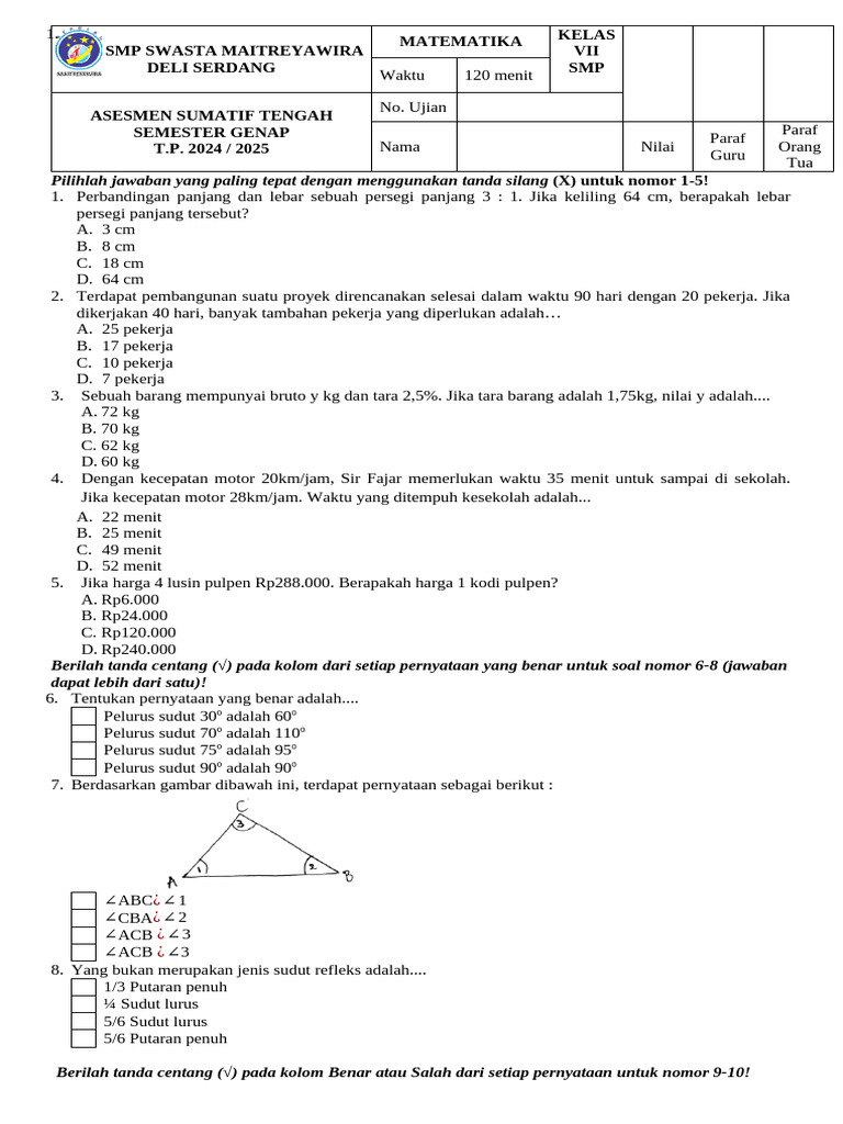 Ujian Matematika Kelas VII SMP 2024/2025 | PDF