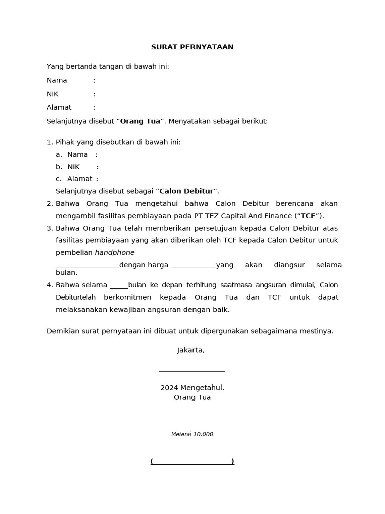 Surat Pernyataan Persetujuan Pembiayaan | PDF