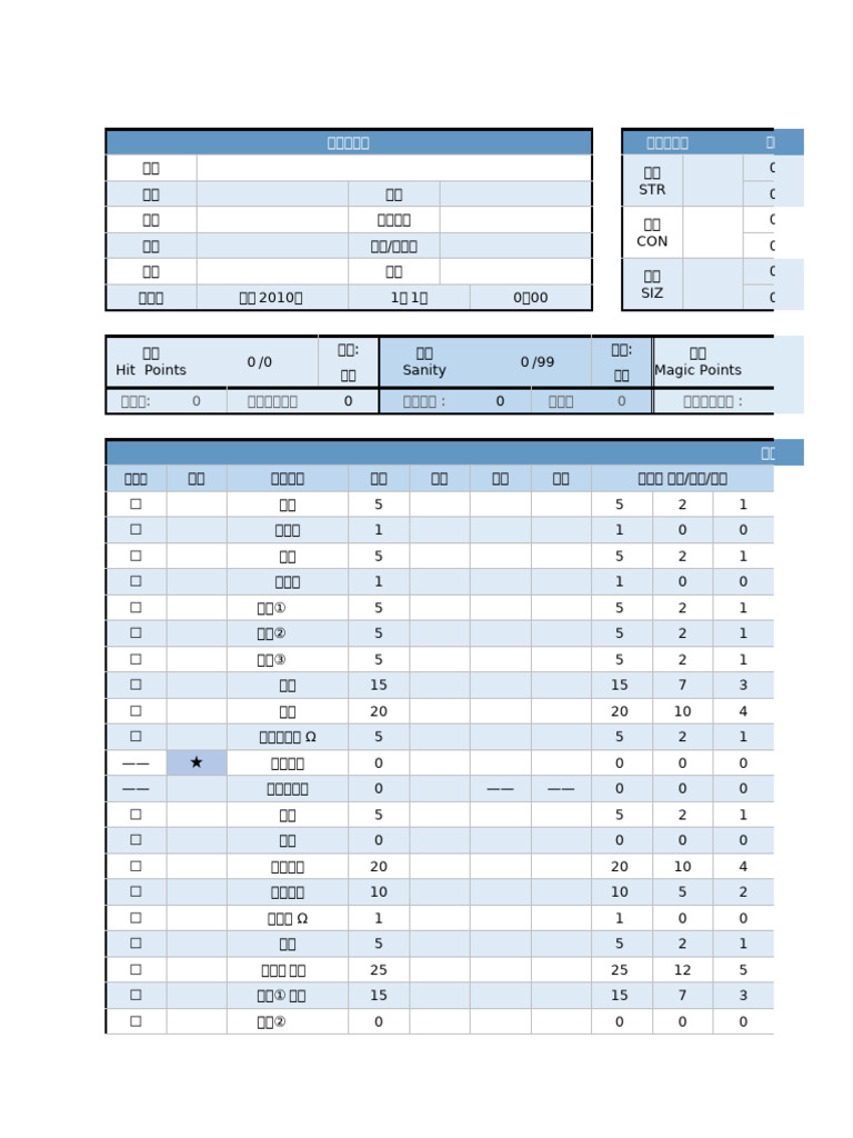 COC七版规则空白卡19 8 3 | PDF