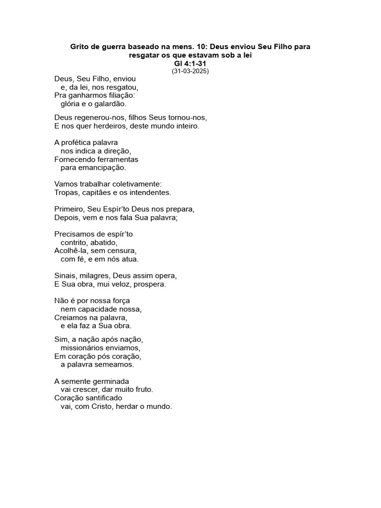 Grito de Guerra Baseado Na Mens 10 Deus Enviou Seu Filho para Resgatar ...