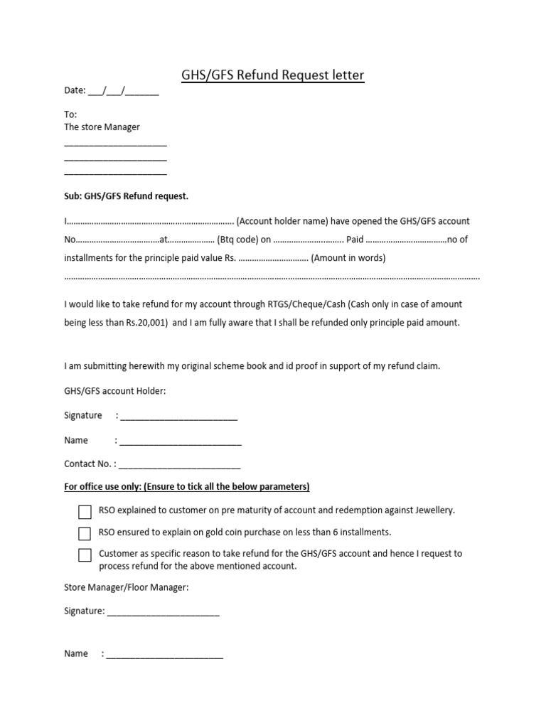 GHS/GFS Refund Request Letter Template | PDF