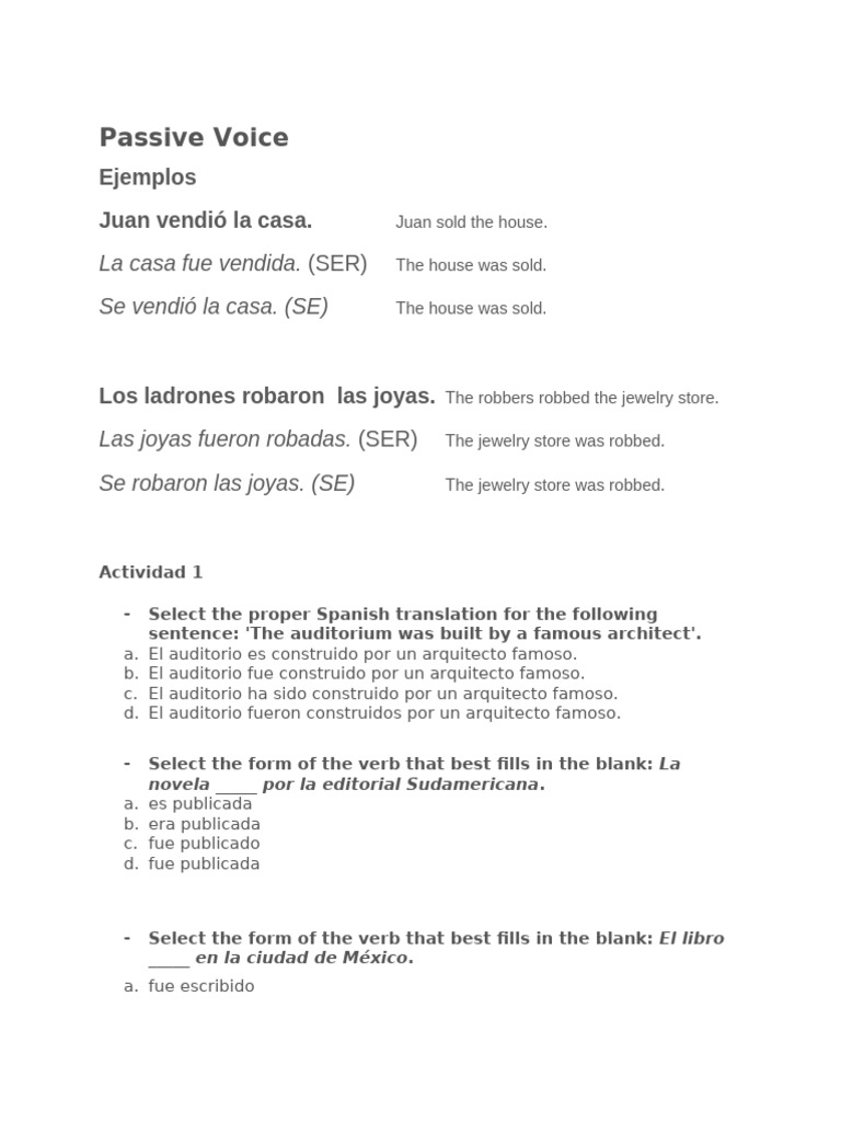 Ejercicios de Voz Pasiva en Español | PDF