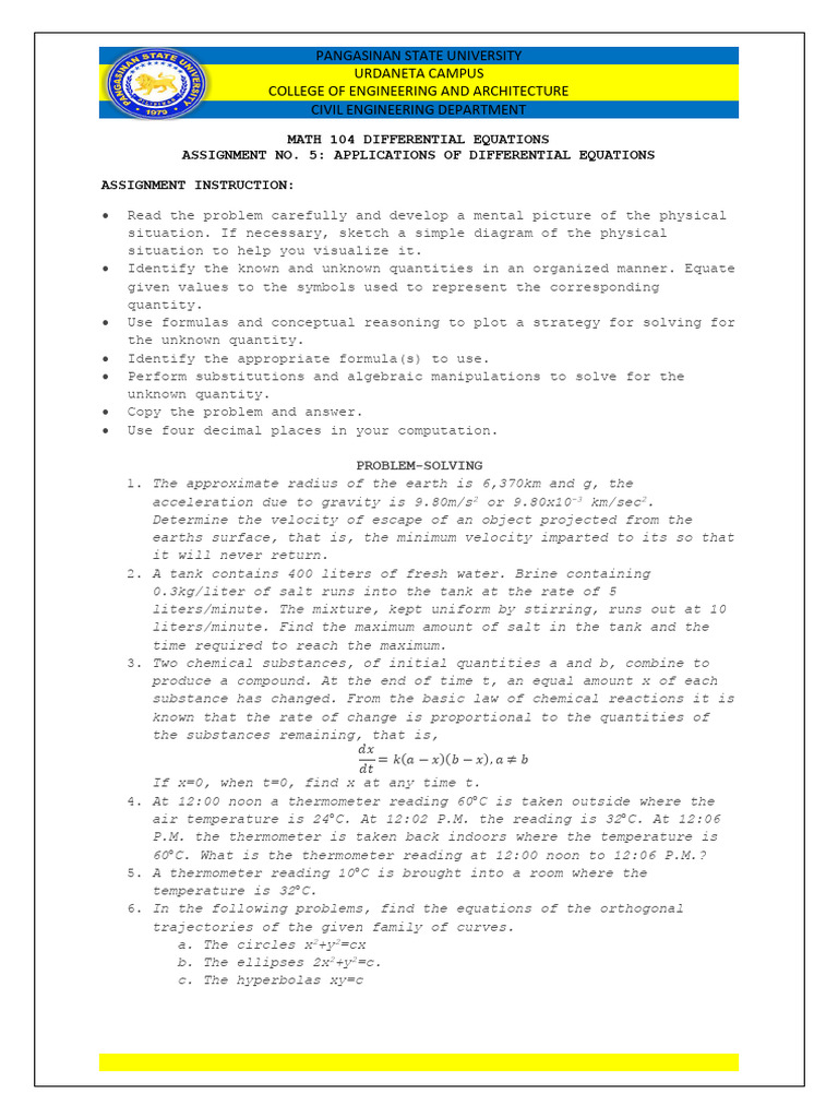 Assignment No. 5 Elementary Differential Applications | PDF | Equations ...