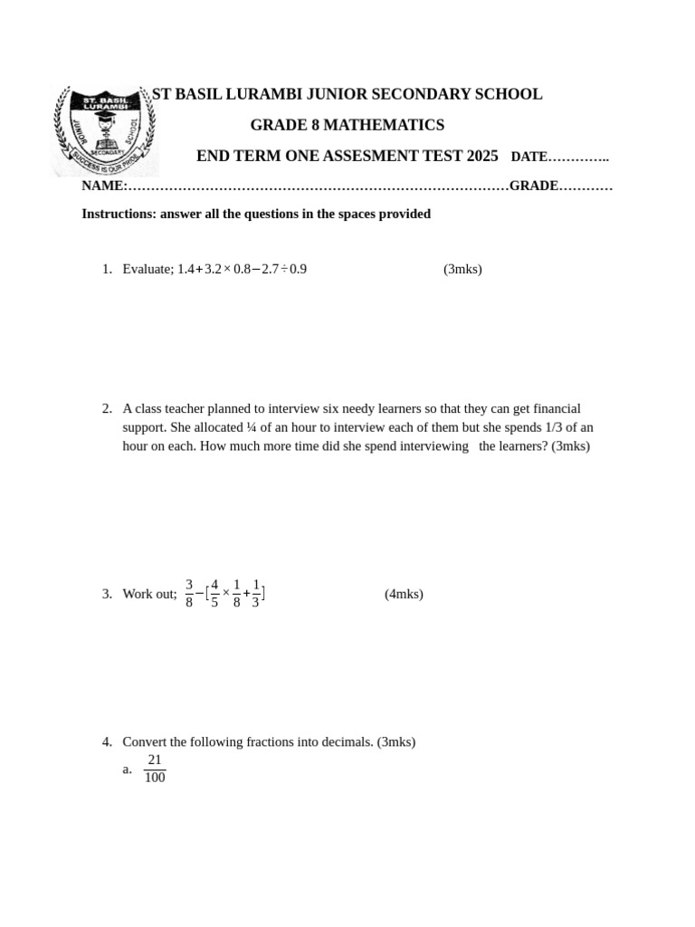 Grade 8 Mathematics End Term Test 2025 | PDF | Mathematics | Elementary ...
